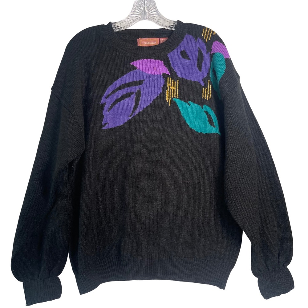 VTG Worthington Floral Graphic Sweater 1X‎ Black Bold Print Made in Korea 80s